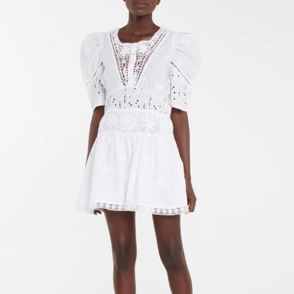 LoveShackFancy White Divine Short Puff Sleeve Embroidered Lace Floral Mini Dress - Picture 11 of 11